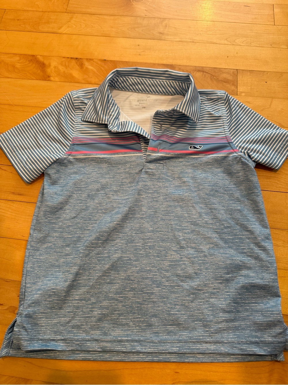 Vineyard Vines Blue Striped Boys Polo with Pink Accent